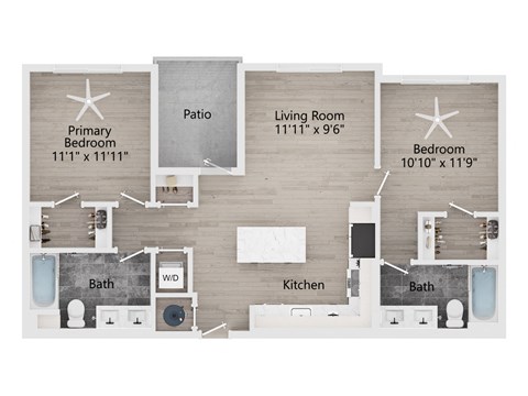 Floor plan for 2 beds, 2 baths, 995 sqft